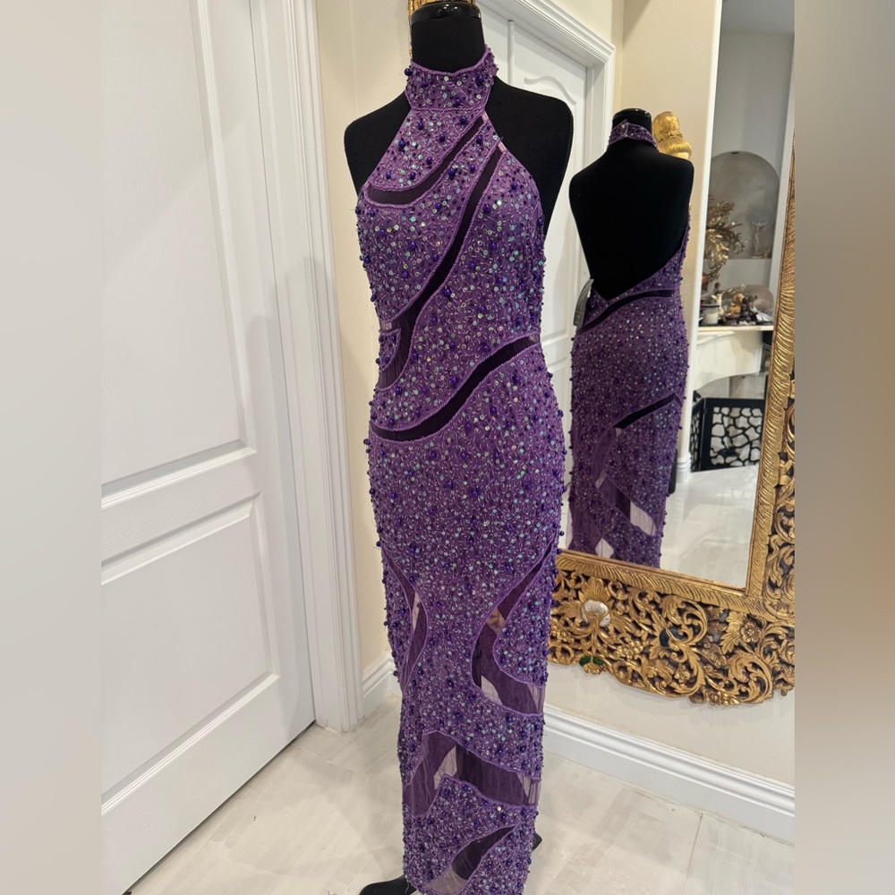Elegant hand beaded Purple Halter Dress